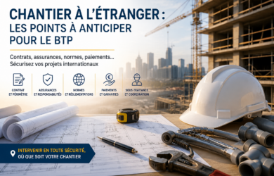 Chantier à l’étranger pour une entreprise du BTP avec plans, équipements de plomberie et bâtiment en construction