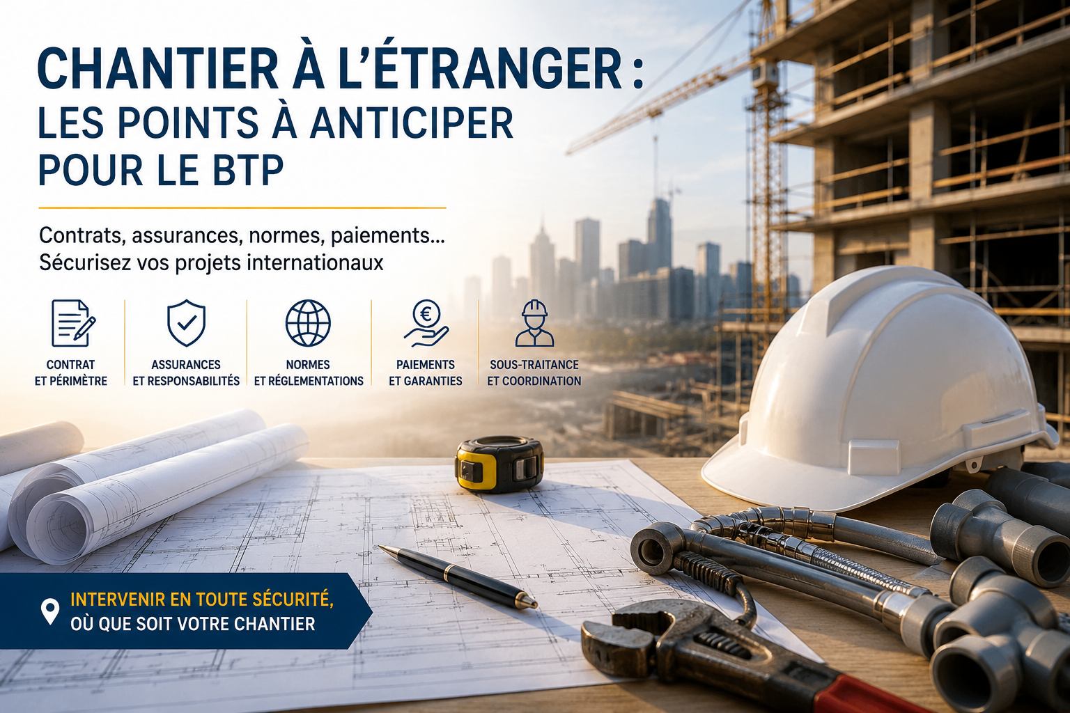Chantier à l’étranger pour une entreprise du BTP avec plans, équipements de plomberie et bâtiment en construction