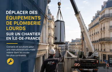 Déplacement d’équipements de plomberie lourds sur un chantier en Île-de-France avec une solution de levage adaptée.