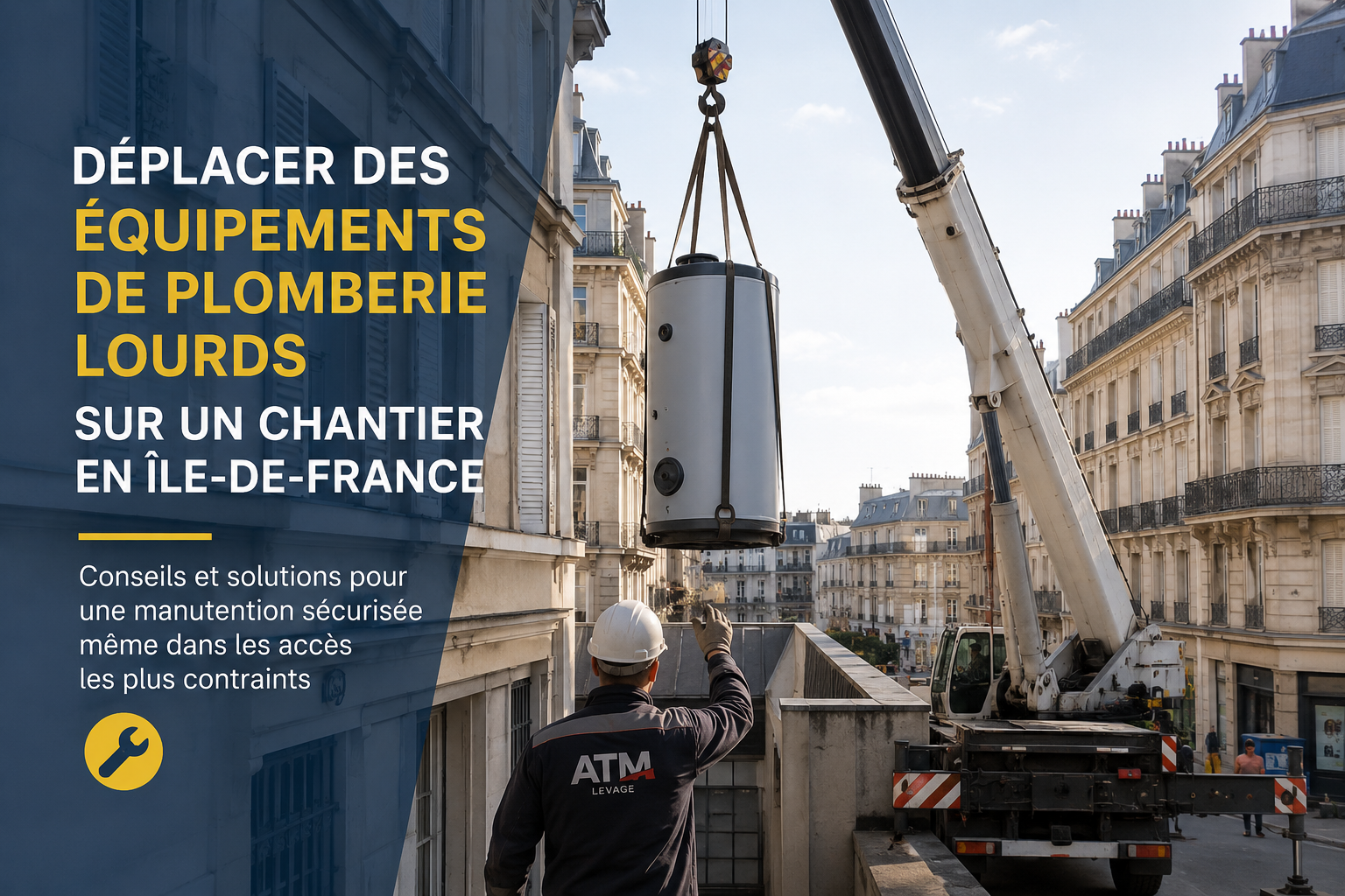 Déplacement d’équipements de plomberie lourds sur un chantier en Île-de-France avec une solution de levage adaptée.