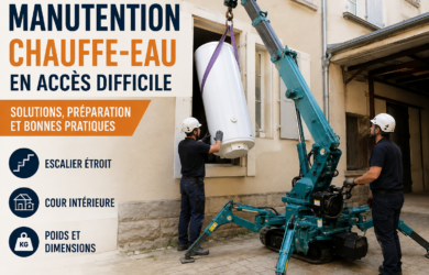 Manutention d’un chauffe-eau en accès difficile avec une mini-grue araignée dans une cour intérieure