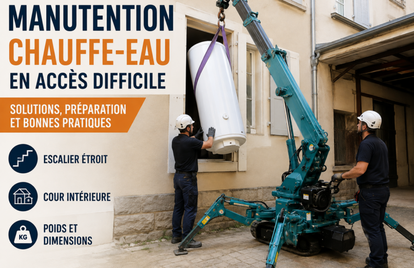 Manutention d’un chauffe-eau en accès difficile avec une mini-grue araignée dans une cour intérieure