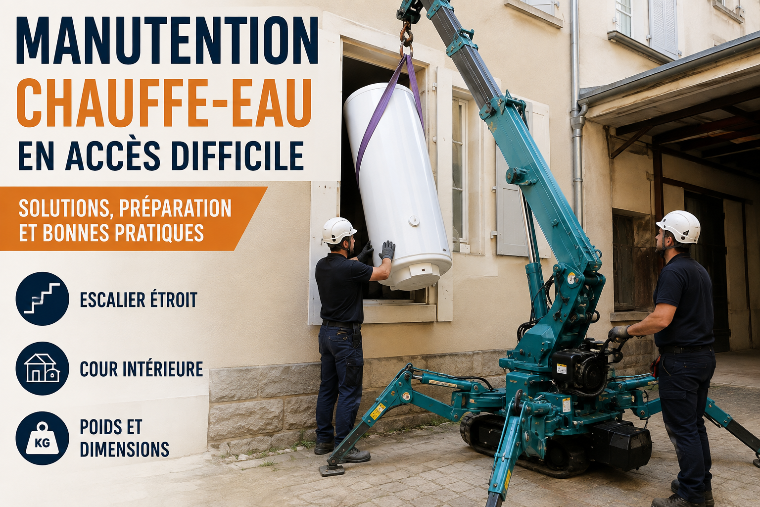 Manutention d’un chauffe-eau en accès difficile avec une mini-grue araignée dans une cour intérieure