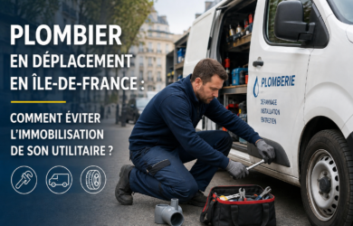 Plombier en Île-de-France contrôlant le pneu de son véhicule utilitaire professionnel