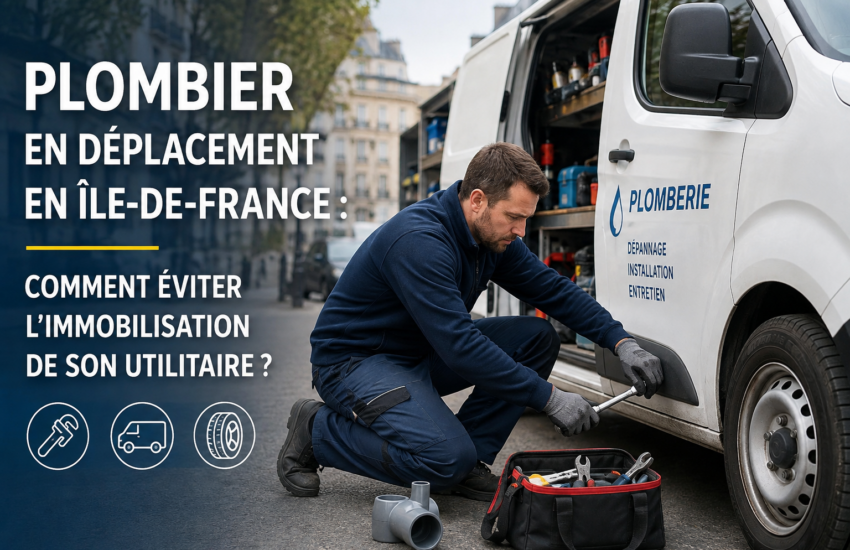 Plombier en Île-de-France contrôlant le pneu de son véhicule utilitaire professionnel