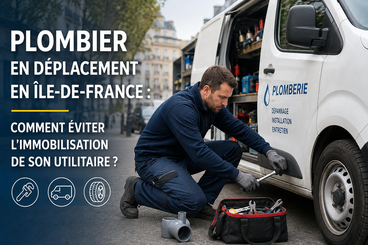 Plombier en Île-de-France contrôlant le pneu de son véhicule utilitaire professionnel