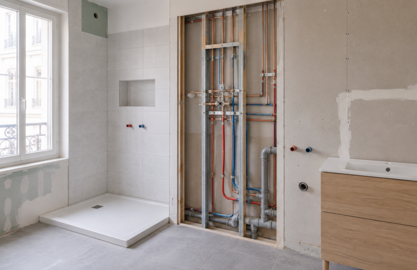 Canalisations apparentes avant de refaire la plomberie d’une salle de bain