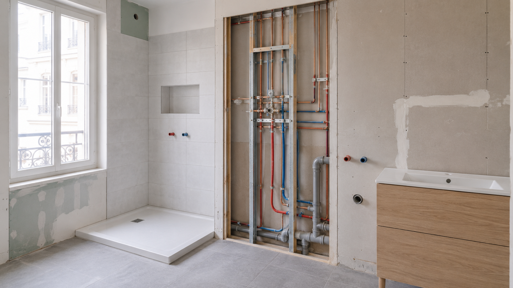 Canalisations apparentes avant de refaire la plomberie d’une salle de bain